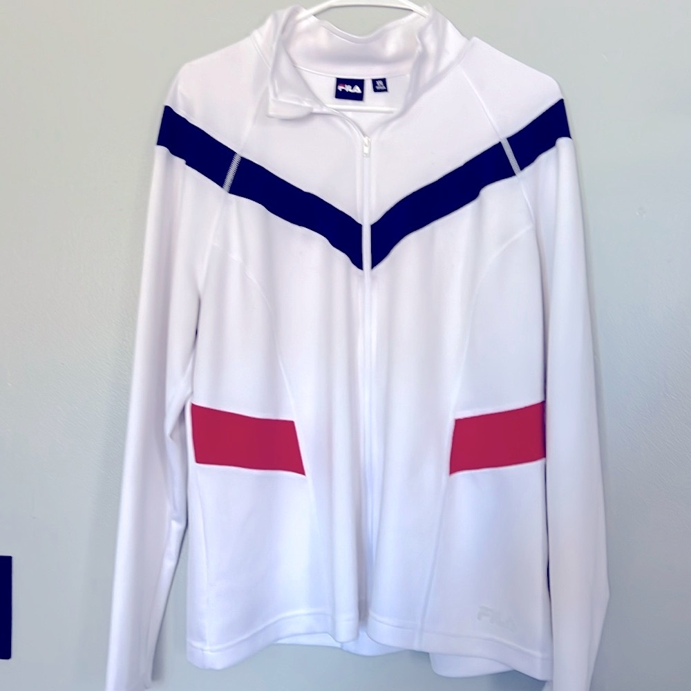 Fila White Zip-Front Jacket with Navy Chevron and Red Pocket Panels